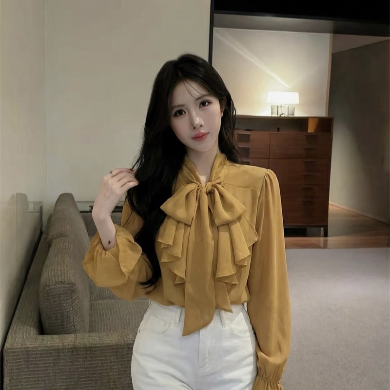 2026 French Style V-Neck Ruffle Chiffon Top with Ribbon Long Sleeve Sun Protection Loose Fit Women - Image 5