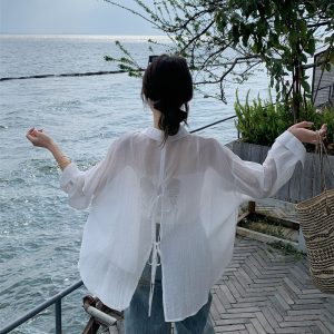Women's Loose Fit Back Embroidered Bow Shirt Sun Protection Top