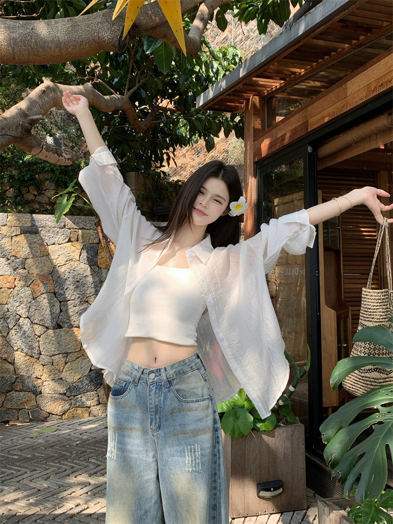 Women's Loose Fit Back Embroidered Bow Shirt Sun Protection Top - Image 2