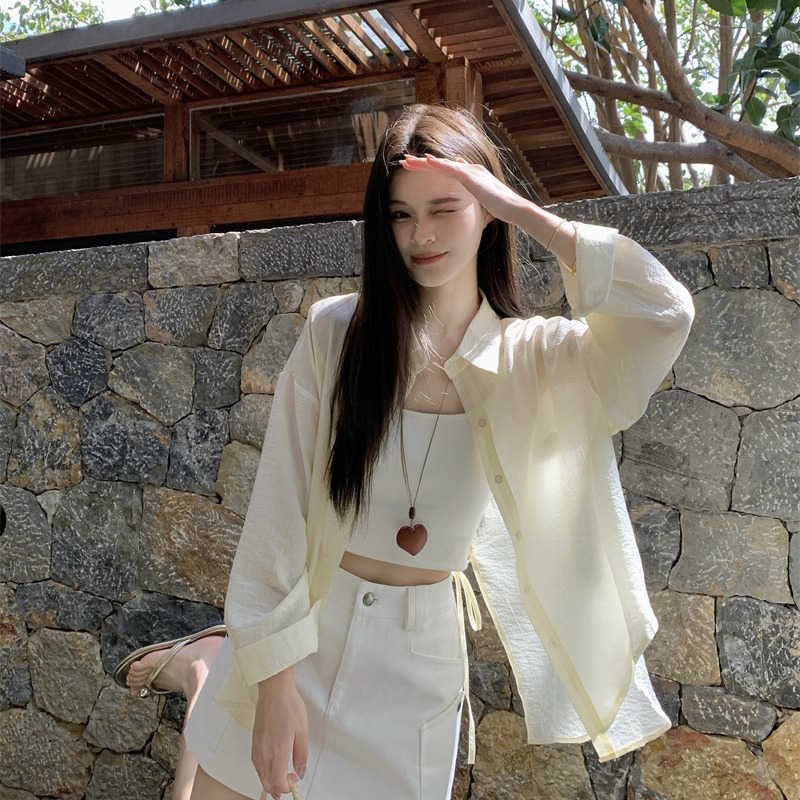 Women's Loose Fit Back Embroidered Bow Shirt Sun Protection Top - Image 5