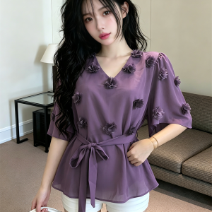 2026 French Style 3D Floral Ribbon Loose Fit Women's Top