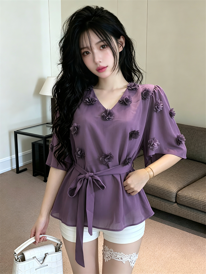 2026 French Style 3D Floral Ribbon Loose Fit Women's Top