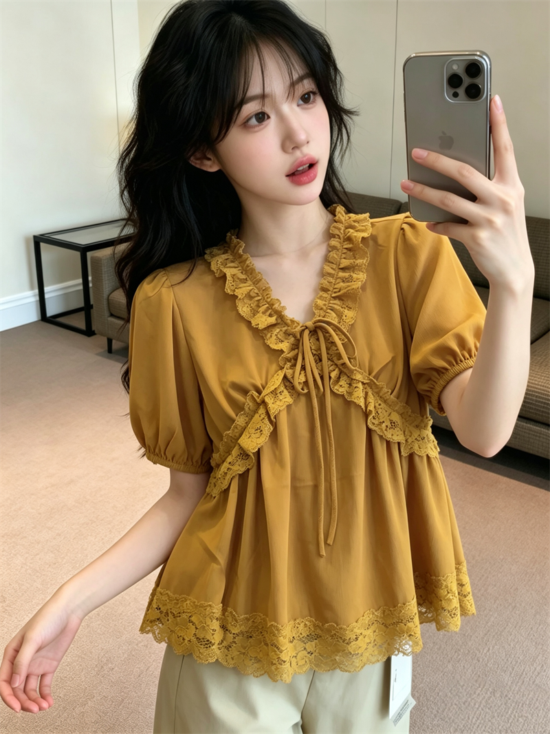 French Style Lace Spliced Chiffon Top for Women Summer 2026 - Image 2