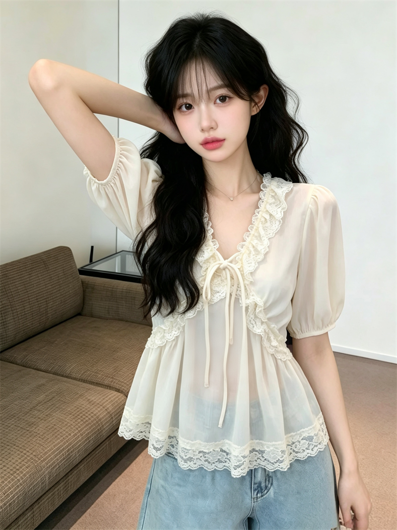 French Style Lace Spliced Chiffon Top for Women Summer 2026 - Image 3