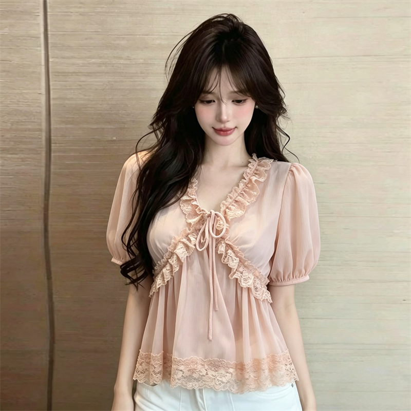 French Style Lace Spliced Chiffon Top for Women Summer 2026 - Image 4