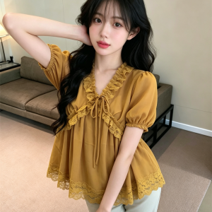 French Style Lace Spliced Chiffon Top for Women Summer 2026