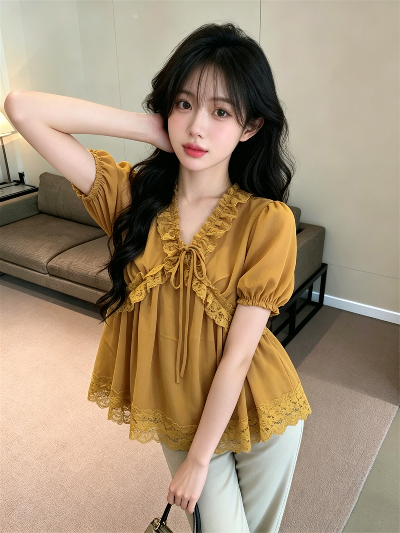 French Style Lace Spliced Chiffon Top for Women Summer 2026