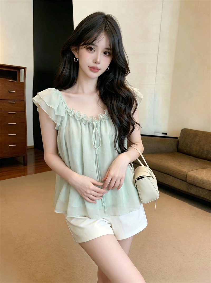 Women's Summer French Style Ruffle Sleeve 3D Floral Blouse - Image 2