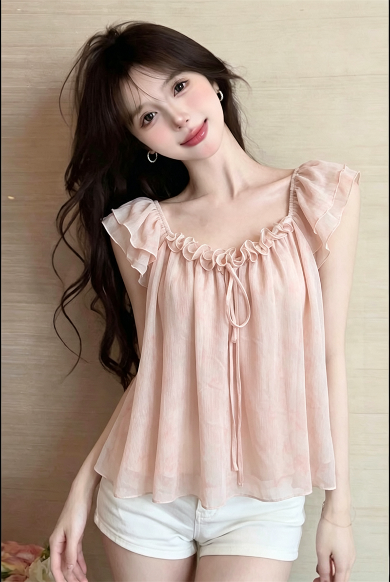 Women's Summer French Style Ruffle Sleeve 3D Floral Blouse