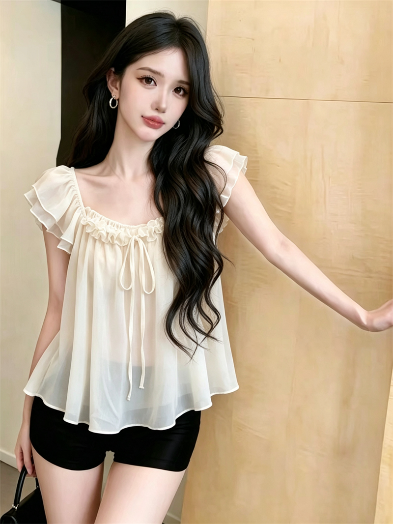 Women's Summer French Style Ruffle Sleeve 3D Floral Blouse - Image 3