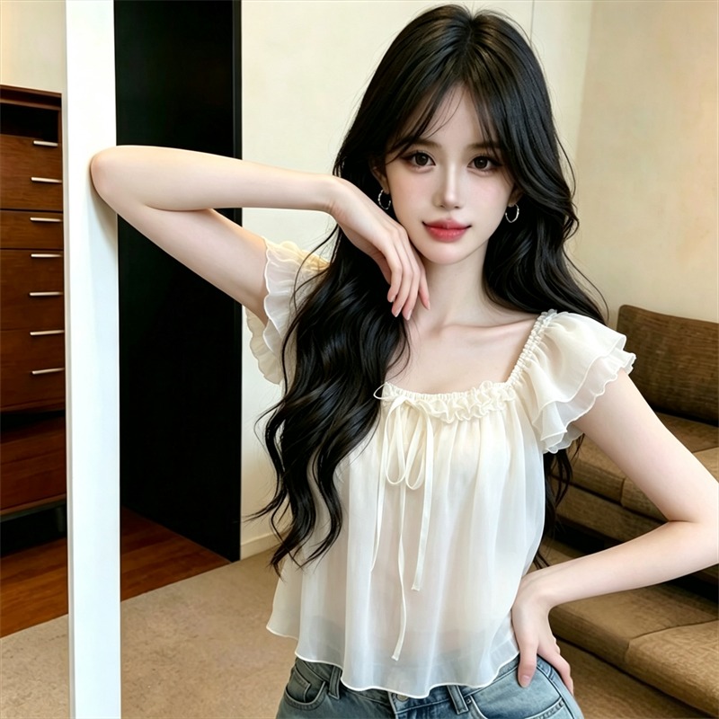 Women's Summer French Style Ruffle Sleeve 3D Floral Blouse - Image 5