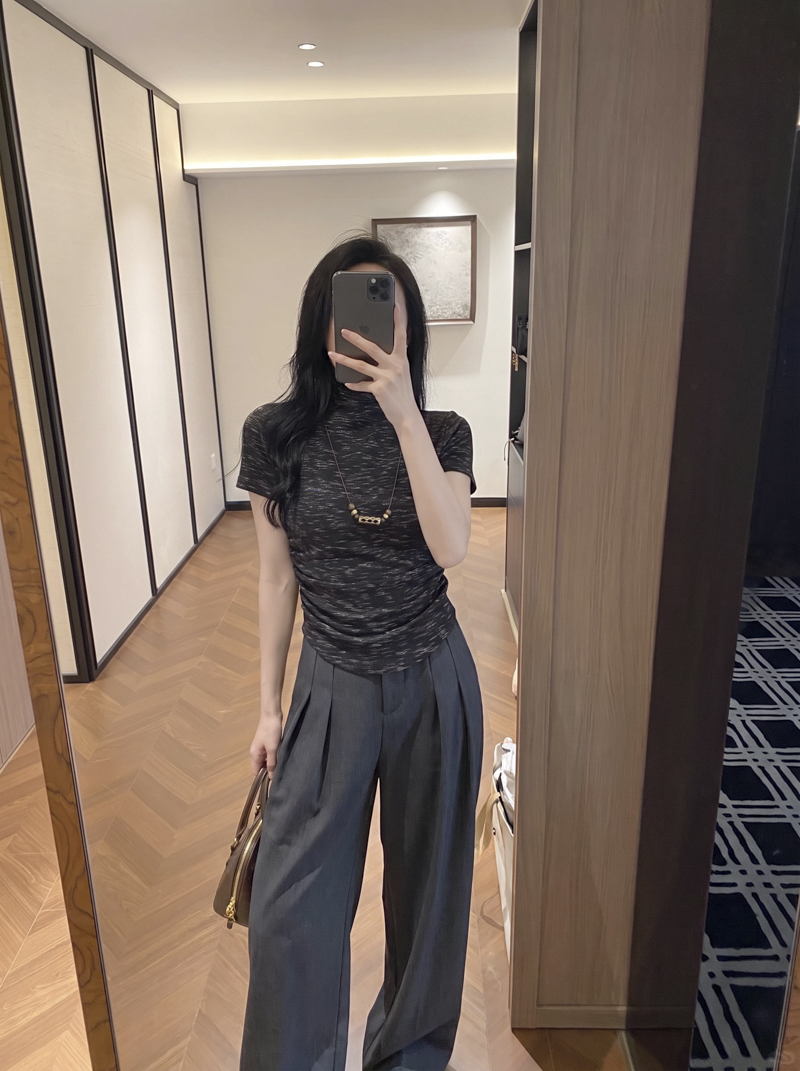 2026 Autumn Tie-Dye Ruched Waist Half-High Neck Short Sleeve T-Shirt with Necklace - Image 3