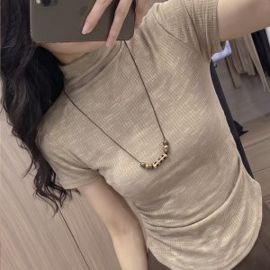 2026 Autumn Tie-Dye Ruched Waist Half-High Neck Short Sleeve T-Shirt with Necklace