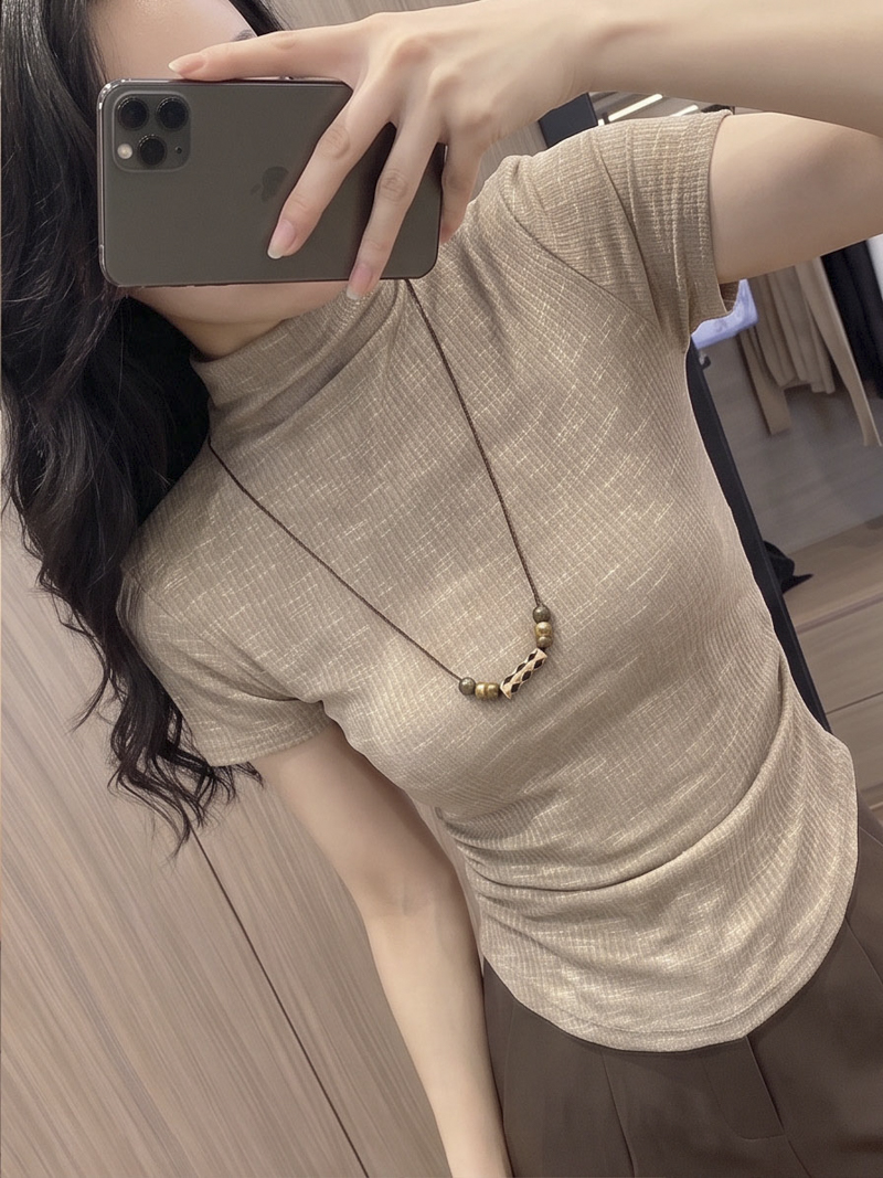 2026 Autumn Tie-Dye Ruched Waist Half-High Neck Short Sleeve T-Shirt with Necklace
