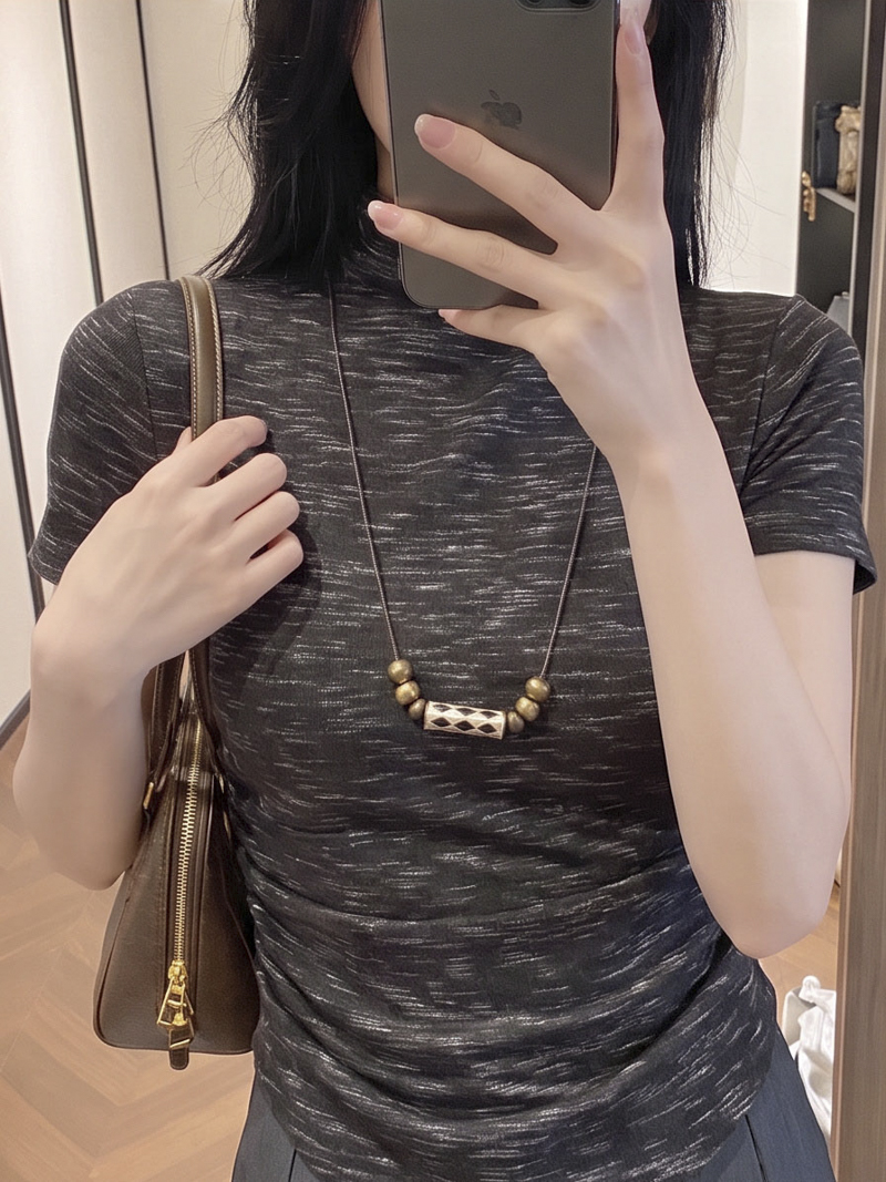 2026 Autumn Tie-Dye Ruched Waist Half-High Neck Short Sleeve T-Shirt with Necklace - Image 4