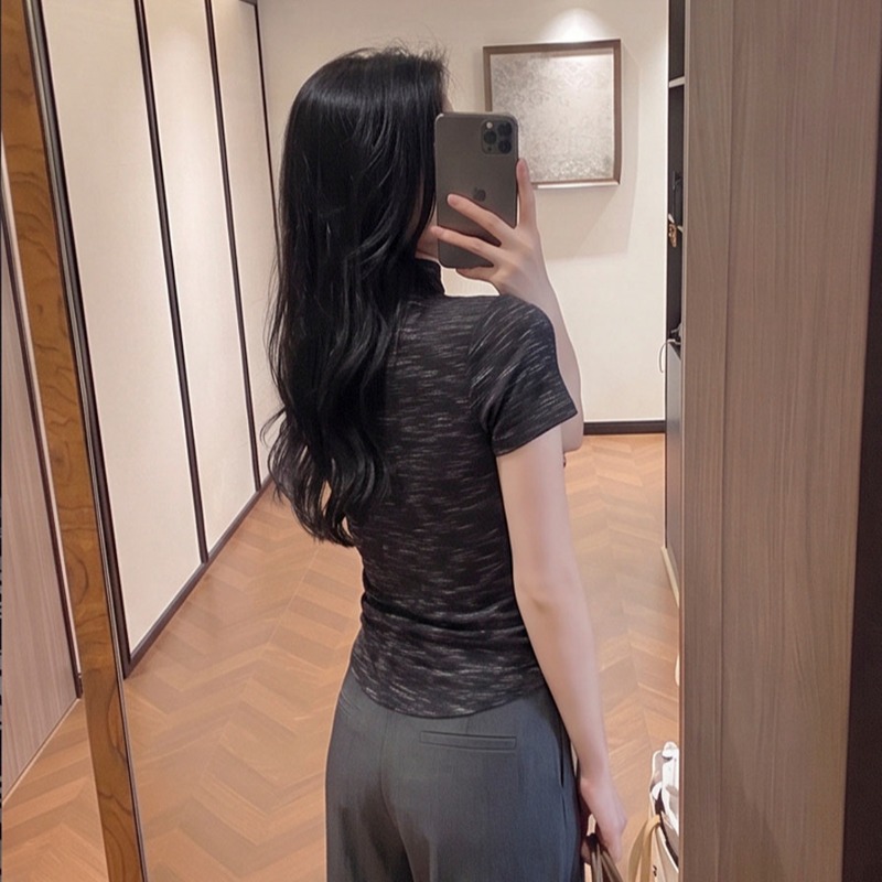 2026 Autumn Tie-Dye Ruched Waist Half-High Neck Short Sleeve T-Shirt with Necklace - Image 5