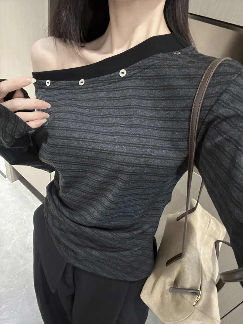 Women's Off-Shoulder Striped Ruched Waist Long Sleeve Top 2026 Fall - Image 3