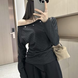 Women's Off-Shoulder Striped Ruched Waist Long Sleeve Top 2026 Fall