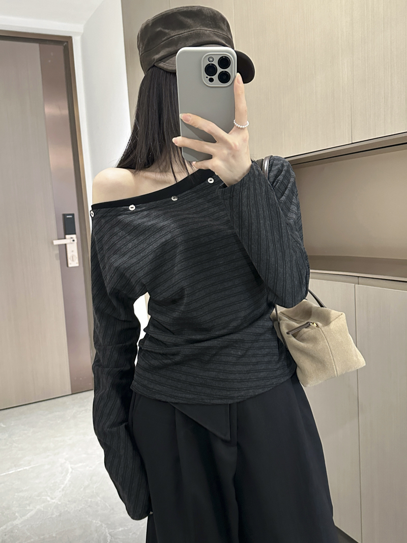 Women's Off-Shoulder Striped Ruched Waist Long Sleeve Top 2026 Fall