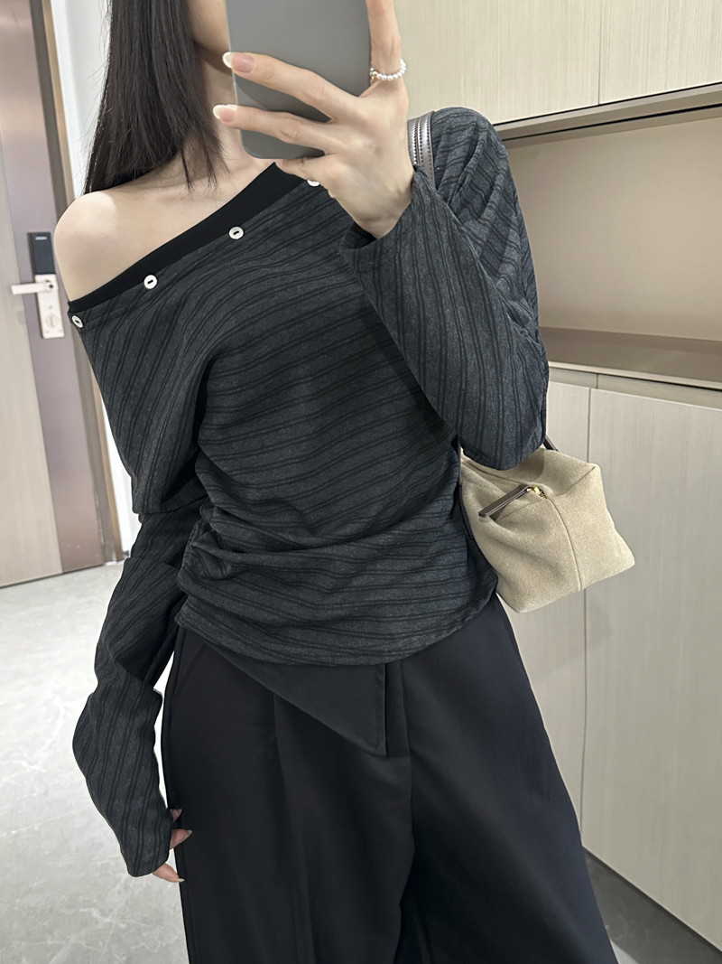 Women's Off-Shoulder Striped Ruched Waist Long Sleeve Top 2026 Fall - Image 2