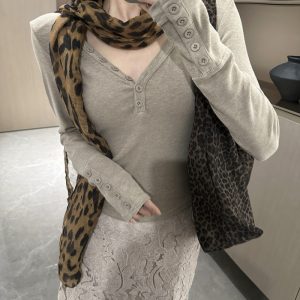 Women's Solid V-Neck Long Sleeve T-Shirt with Multi-Button Detail and Leopard Print Scarf