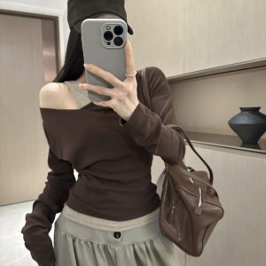 Women's Asymmetric One-Shoulder Draped Neck Long Sleeve T-Shirt Slim Fit Fake Two-Piece Cotton Top 2026 Fall