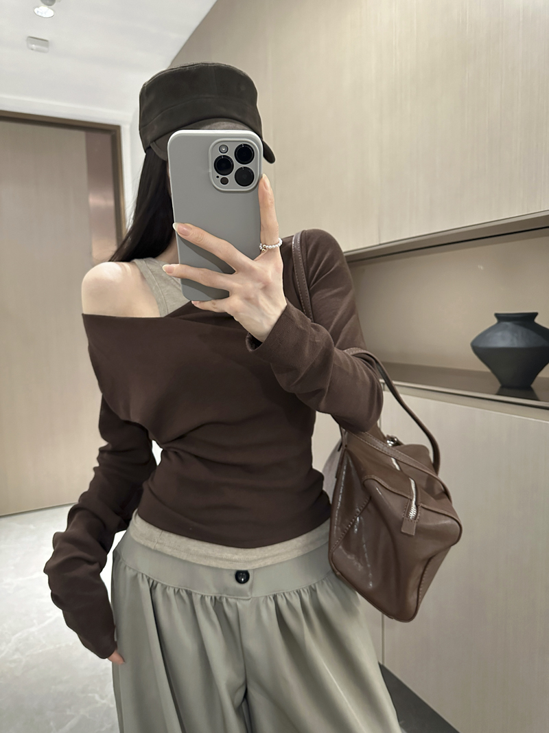 Women's Asymmetric One-Shoulder Draped Neck Long Sleeve T-Shirt Slim Fit Fake Two-Piece Cotton Top 2026 Fall