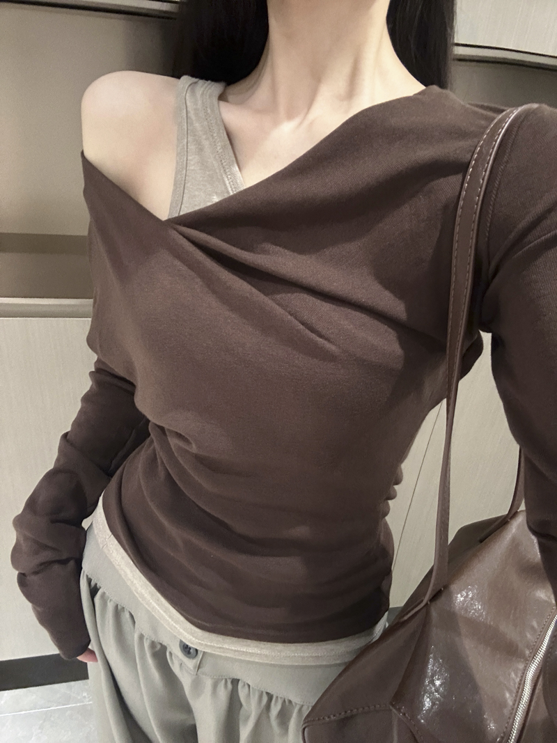Women's Asymmetric One-Shoulder Draped Neck Long Sleeve T-Shirt Slim Fit Fake Two-Piece Cotton Top 2026 Fall - Image 2