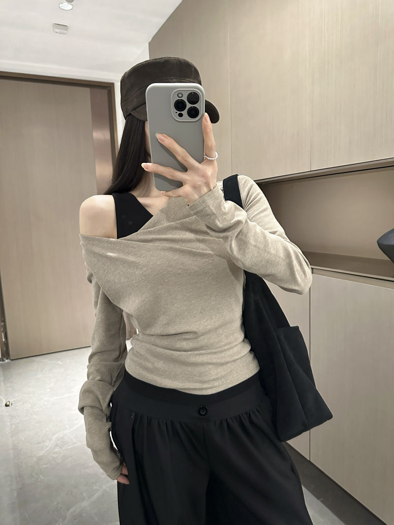 Women's Asymmetric One-Shoulder Draped Neck Long Sleeve T-Shirt Slim Fit Fake Two-Piece Cotton Top 2026 Fall - Image 3