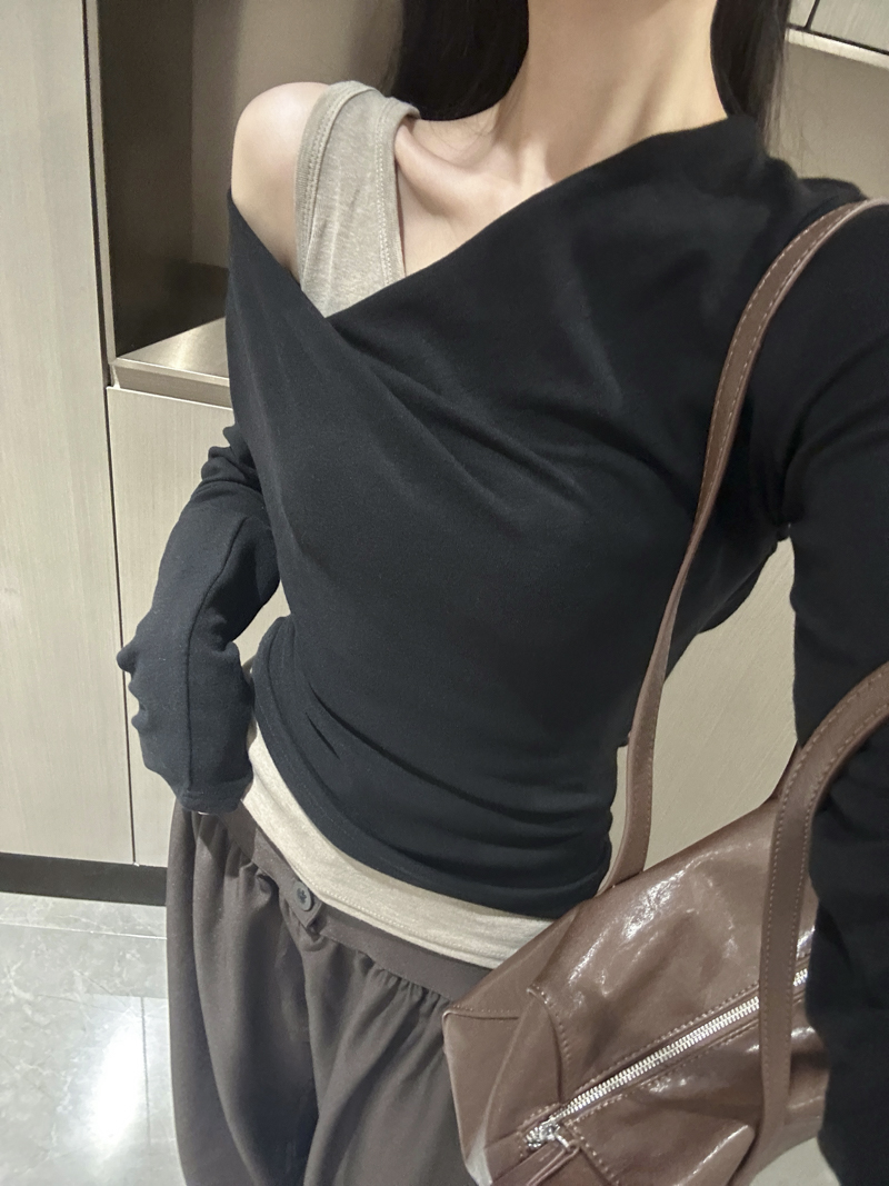 Women's Asymmetric One-Shoulder Draped Neck Long Sleeve T-Shirt Slim Fit Fake Two-Piece Cotton Top 2026 Fall - Image 4