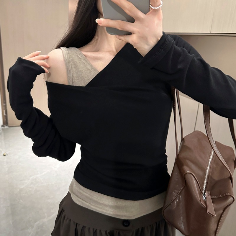 Women's Asymmetric One-Shoulder Draped Neck Long Sleeve T-Shirt Slim Fit Fake Two-Piece Cotton Top 2026 Fall - Image 5