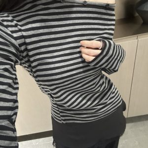 Women's Striped One-Shoulder Long Sleeve T-Shirt with Button Detail and Ruched Waist 2026 Fall