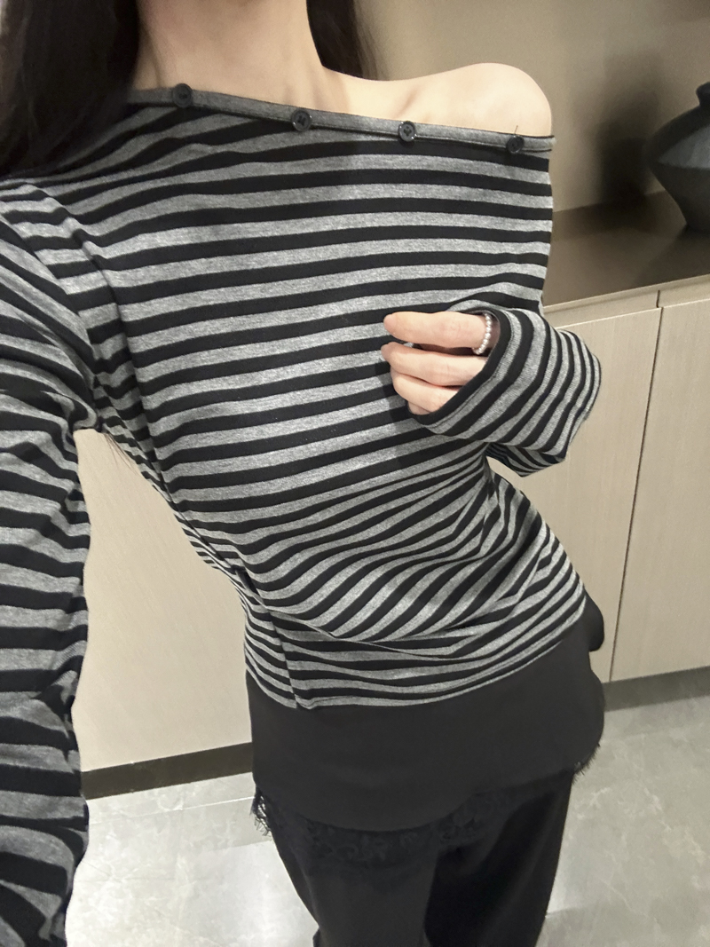 Women's Striped One-Shoulder Long Sleeve T-Shirt with Button Detail and Ruched Waist 2026 Fall