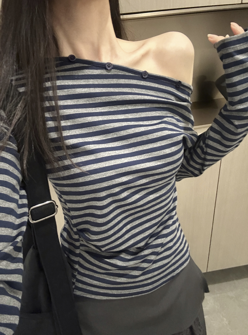 Women's Striped One-Shoulder Long Sleeve T-Shirt with Button Detail and Ruched Waist 2026 Fall - Image 2