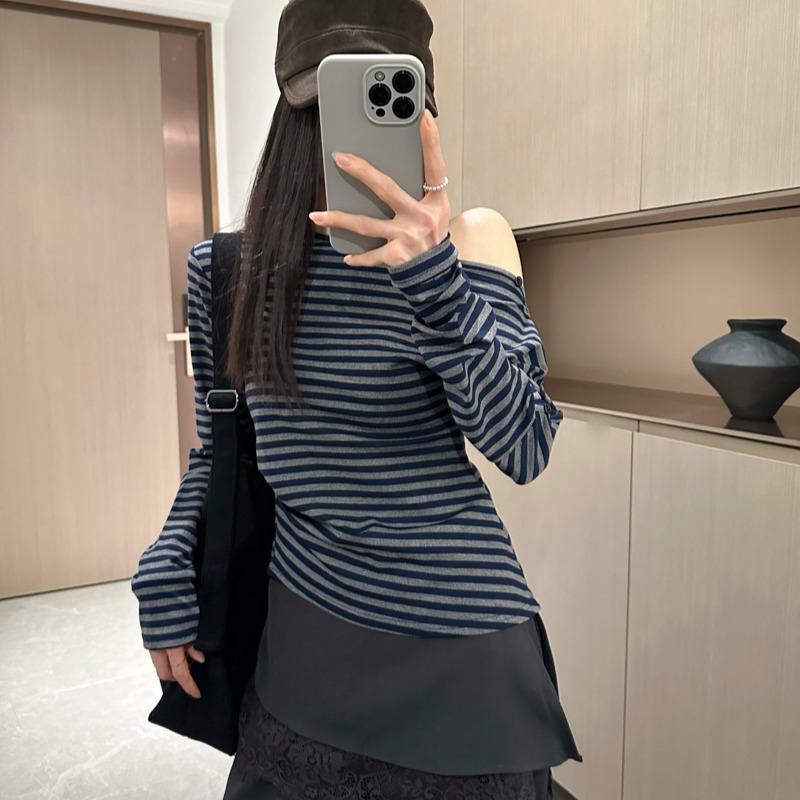 Women's Striped One-Shoulder Long Sleeve T-Shirt with Button Detail and Ruched Waist 2026 Fall - Image 5