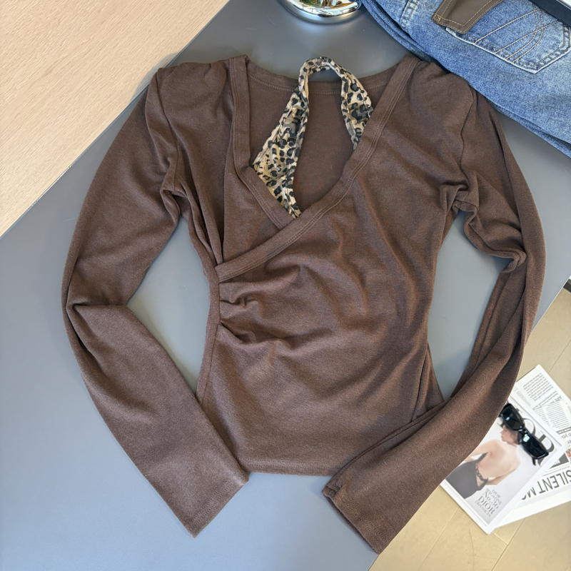 2026 Autumn Leopard Print Spliced Halter V-Neck Long Sleeve Faux Two-Piece Ruched Waist Cotton-Feel Base Top - Image 3