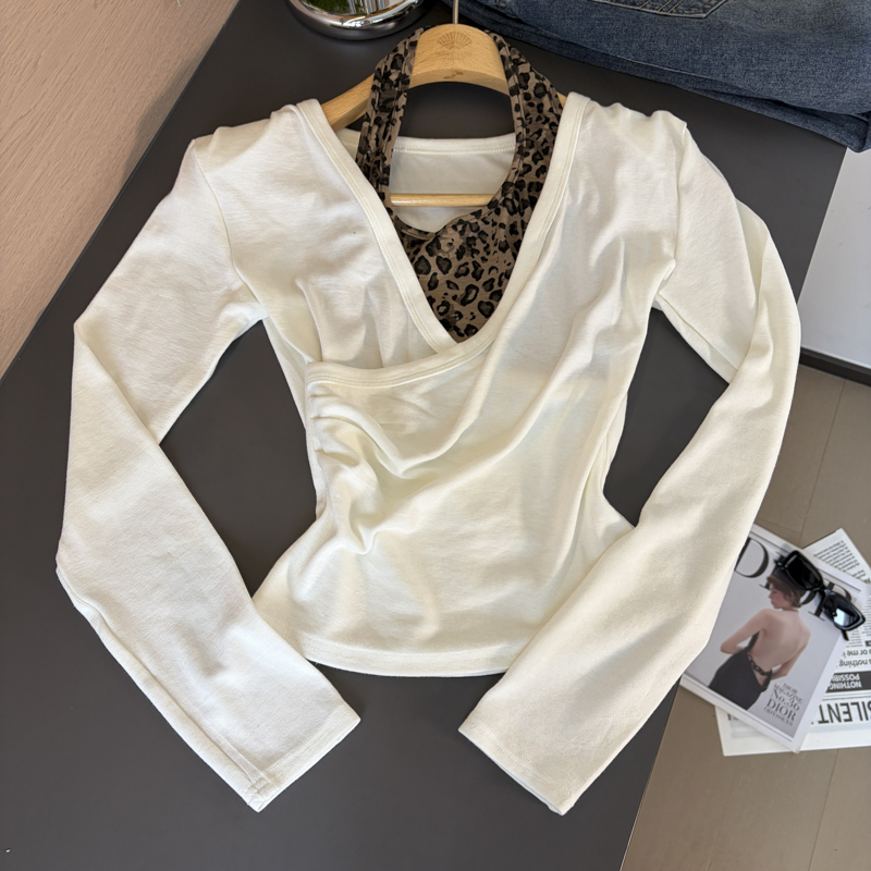 2026 Autumn Leopard Print Spliced Halter V-Neck Long Sleeve Faux Two-Piece Ruched Waist Cotton-Feel Base Top - Image 5
