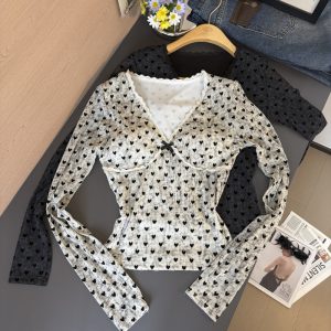 Women's Lace Trim Heart Print Mesh Cotton Long Sleeve T-Shirt with Padded Bra Fall 2026