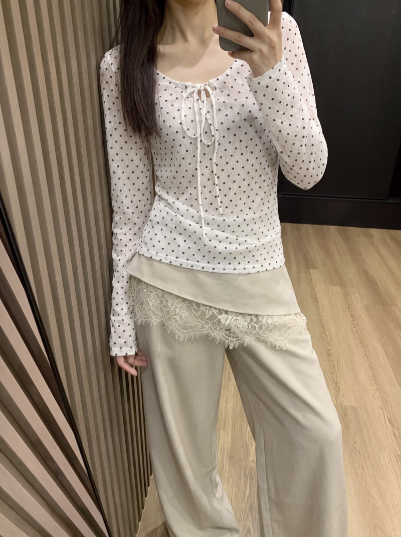 Korean Style Bow Polka Dot V-Neck Long Sleeve T-Shirt for Women 2026 Autumn Thin Mesh Semi-Sheer Base Top - Image 2