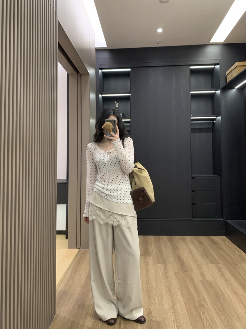 Korean Style Bow Polka Dot V-Neck Long Sleeve T-Shirt for Women 2026 Autumn Thin Mesh Semi-Sheer Base Top - Image 3
