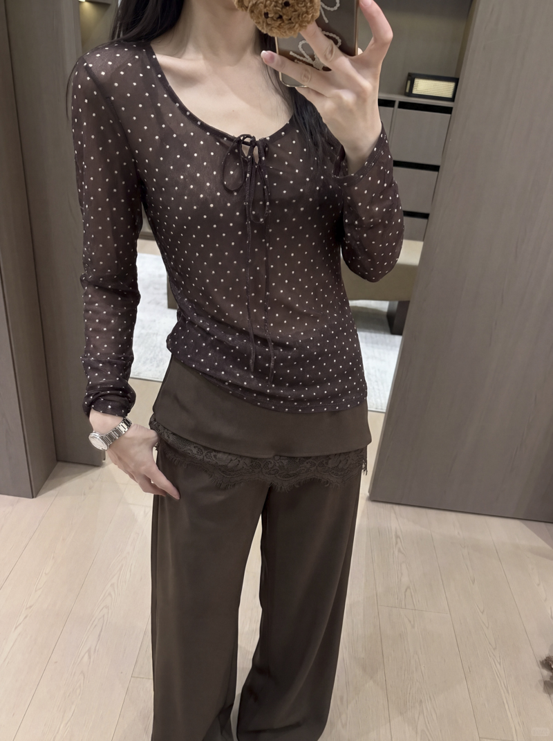 Korean Style Bow Polka Dot V-Neck Long Sleeve T-Shirt for Women 2026 Autumn Thin Mesh Semi-Sheer Base Top - Image 4