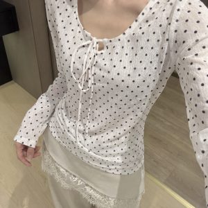 Korean Style Bow Polka Dot V-Neck Long Sleeve T-Shirt for Women 2026 Autumn Thin Mesh Semi-Sheer Base Top