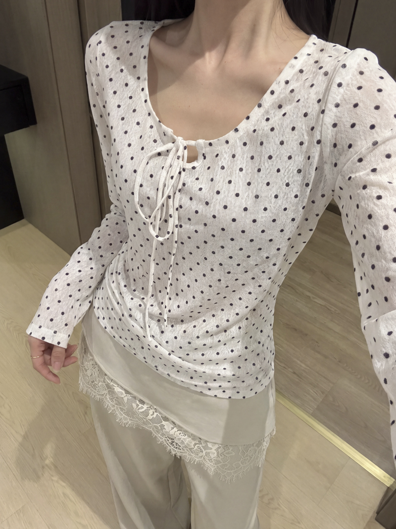 Korean Style Bow Polka Dot V-Neck Long Sleeve T-Shirt for Women 2026 Autumn Thin Mesh Semi-Sheer Base Top