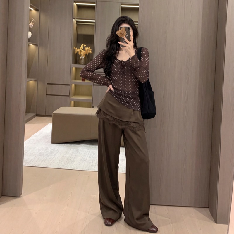 Korean Style Bow Polka Dot V-Neck Long Sleeve T-Shirt for Women 2026 Autumn Thin Mesh Semi-Sheer Base Top - Image 5