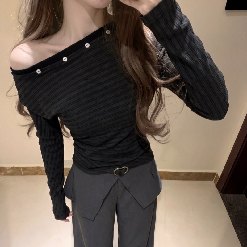 Women's Off-Shoulder Striped Ruched Waist Long Sleeve Top 2026 Fall - Image 5