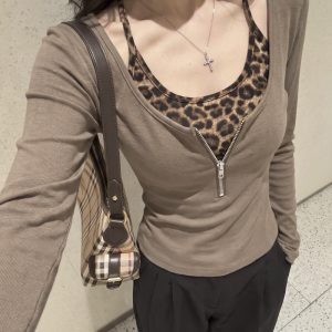 Leopard Print Halter U-Neck Zip Faux Two-Piece Slim Cotton Top Fall 2026 - Style b401a7