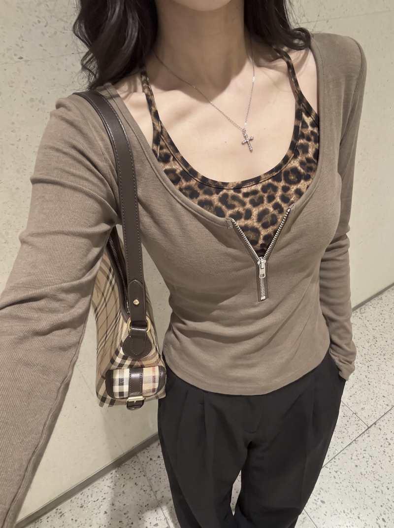 Leopard Print Halter U-Neck Zip Faux Two-Piece Slim Cotton Top Fall 2026 - Style b401a7