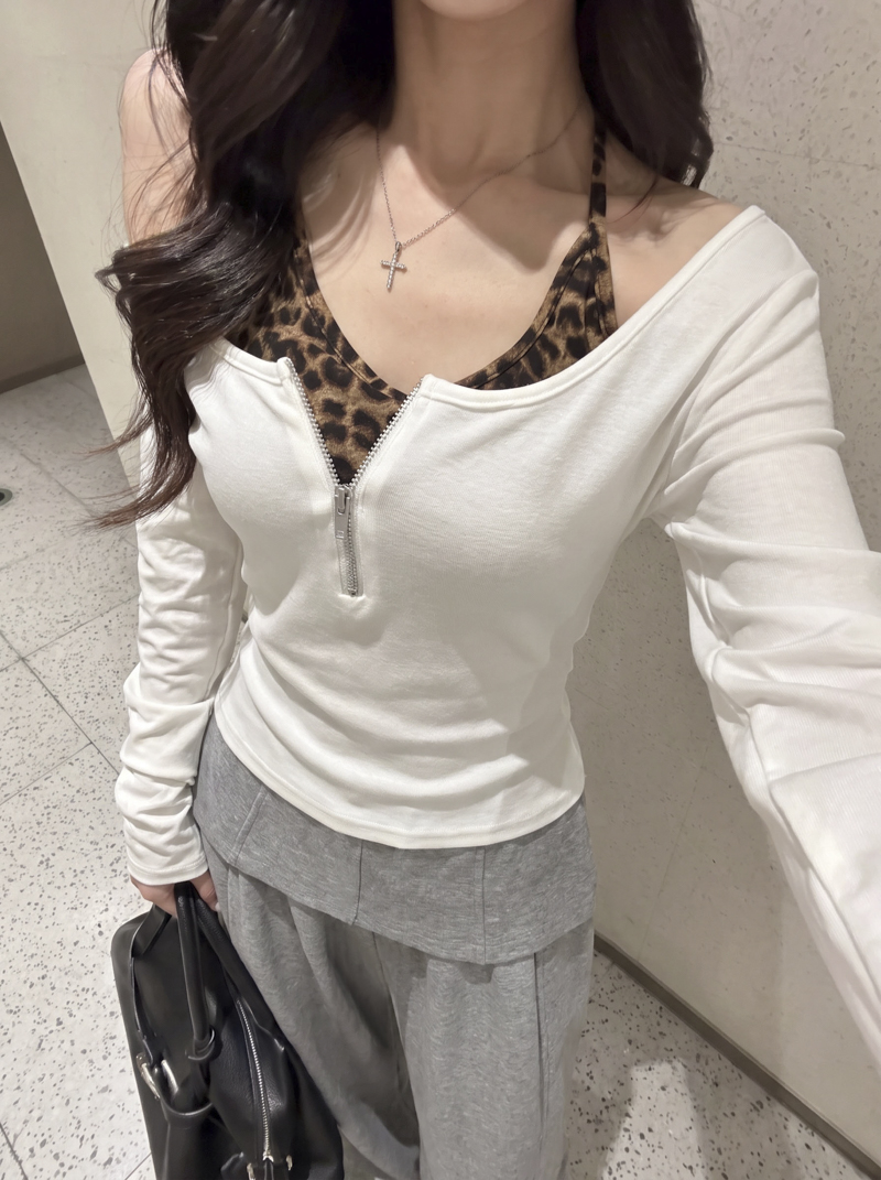 Leopard Print Halter U-Neck Zip Faux Two-Piece Slim Cotton Top Fall 2026 - Style b401a7 - Image 3