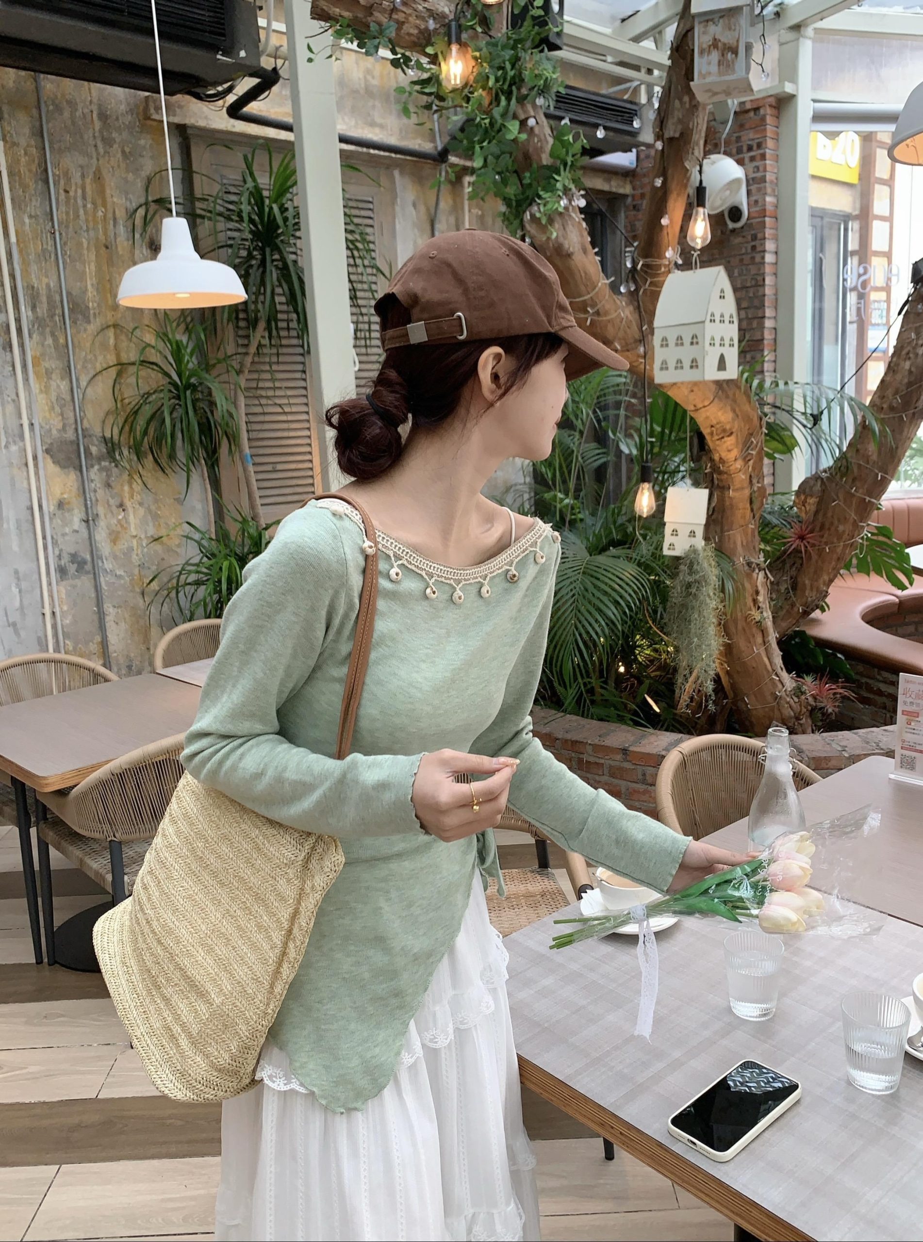 Women's Knit Cami and Cardigan Two-Piece Set in Green and Pink - Style 70118c