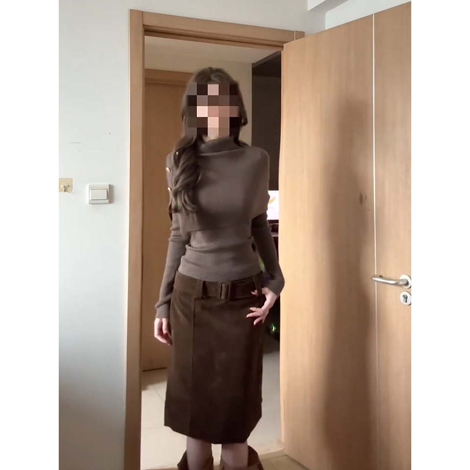 Women's Autumn Winter Irregular Cape Knit Sweater Set in Dark Khaki - Image 5